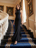 Black Stretch Knit Mermaid Scoop Neck Backless Floor-Length Bridesmaid Dress - Curvevia