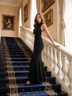 Black Stretch Knit Mermaid Scoop Neck Backless Floor-Length Bridesmaid Dress - Curvevia