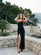 Black Stretch Knit Sheath One Shoulder Backless Ankle-Length Formal Dress - Curvevia