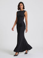 Black Stretch Knit Sheath Scoop Neck Backless Floor-Length Formal Dress with Pleating - Curvevia