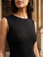 Black Stretch Knit Sheath Scoop Neck Backless Floor-Length Formal Dress with Pleating - Curvevia