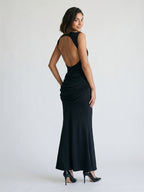 Black Stretch Knit Sheath Scoop Neck Backless Floor-Length Formal Dress with Pleating - Curvevia