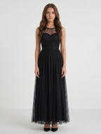 Black Tulle A-Line Halter Keyhole Back Floor-Length Pleated Bridesmaid Dress - Curvevia