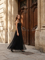 Black Tulle A-Line Halter Keyhole Back Floor-Length Pleated Bridesmaid Dress - Curvevia