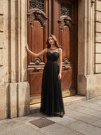 Black Tulle A-Line Halter Keyhole Back Floor-Length Pleated Bridesmaid Dress - Curvevia