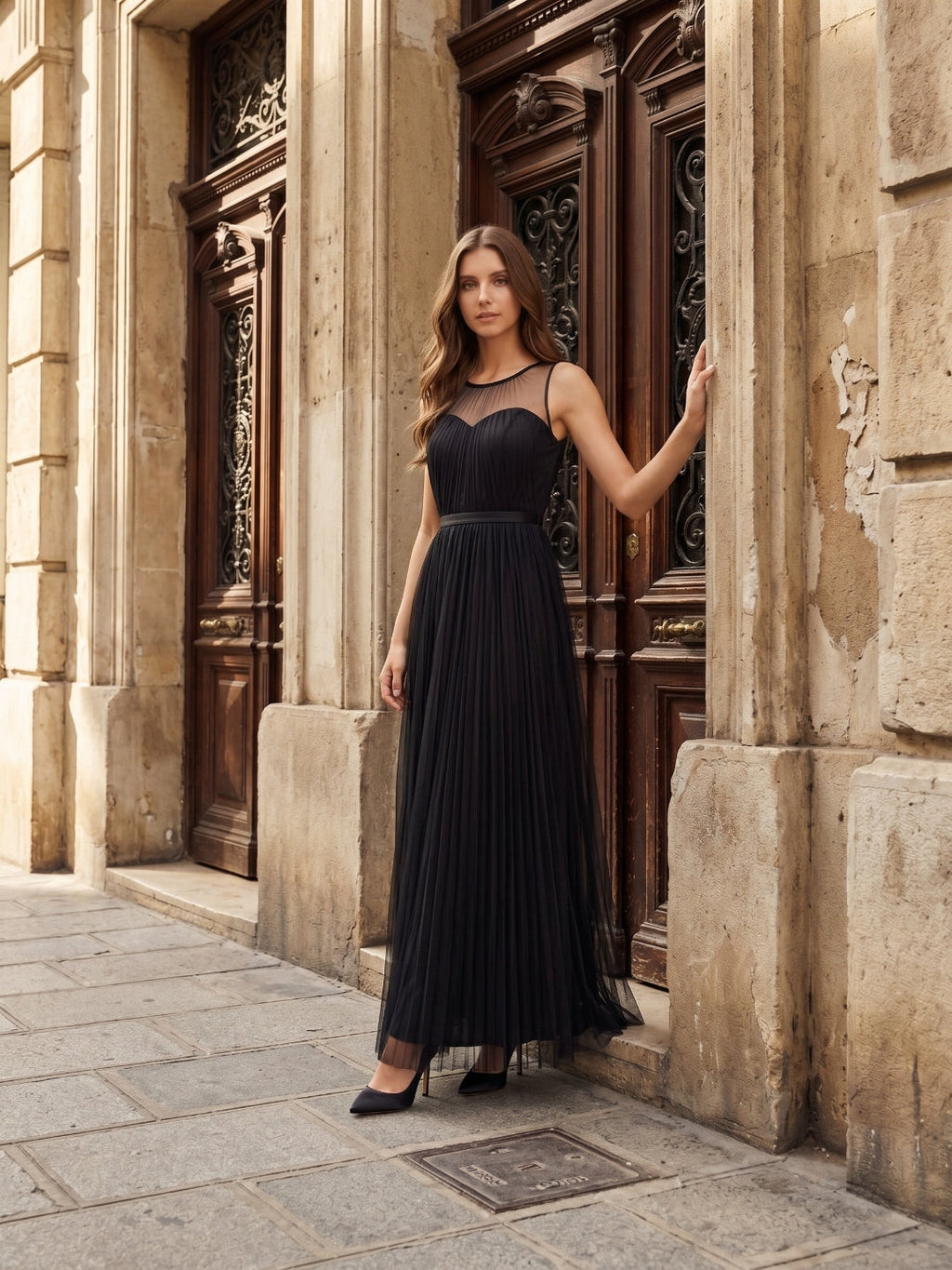 Black Tulle A-Line Halter Keyhole Back Floor-Length Pleated Bridesmaid Dress - Curvevia