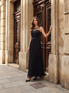Black Tulle A-Line Halter Keyhole Back Floor-Length Pleated Bridesmaid Dress - Curvevia