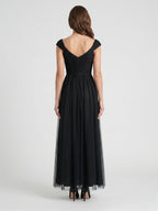 Black Tulle A-Line V-Neck Backless Floor-Length Pleated Bridesmaid Dress - Curvevia