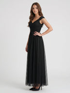 Black Tulle A-Line V-Neck Backless Floor-Length Pleated Bridesmaid Dress - Curvevia
