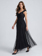 Black Tulle A-Line V-Neck Backless Floor-Length Pleated Bridesmaid Dress - Curvevia