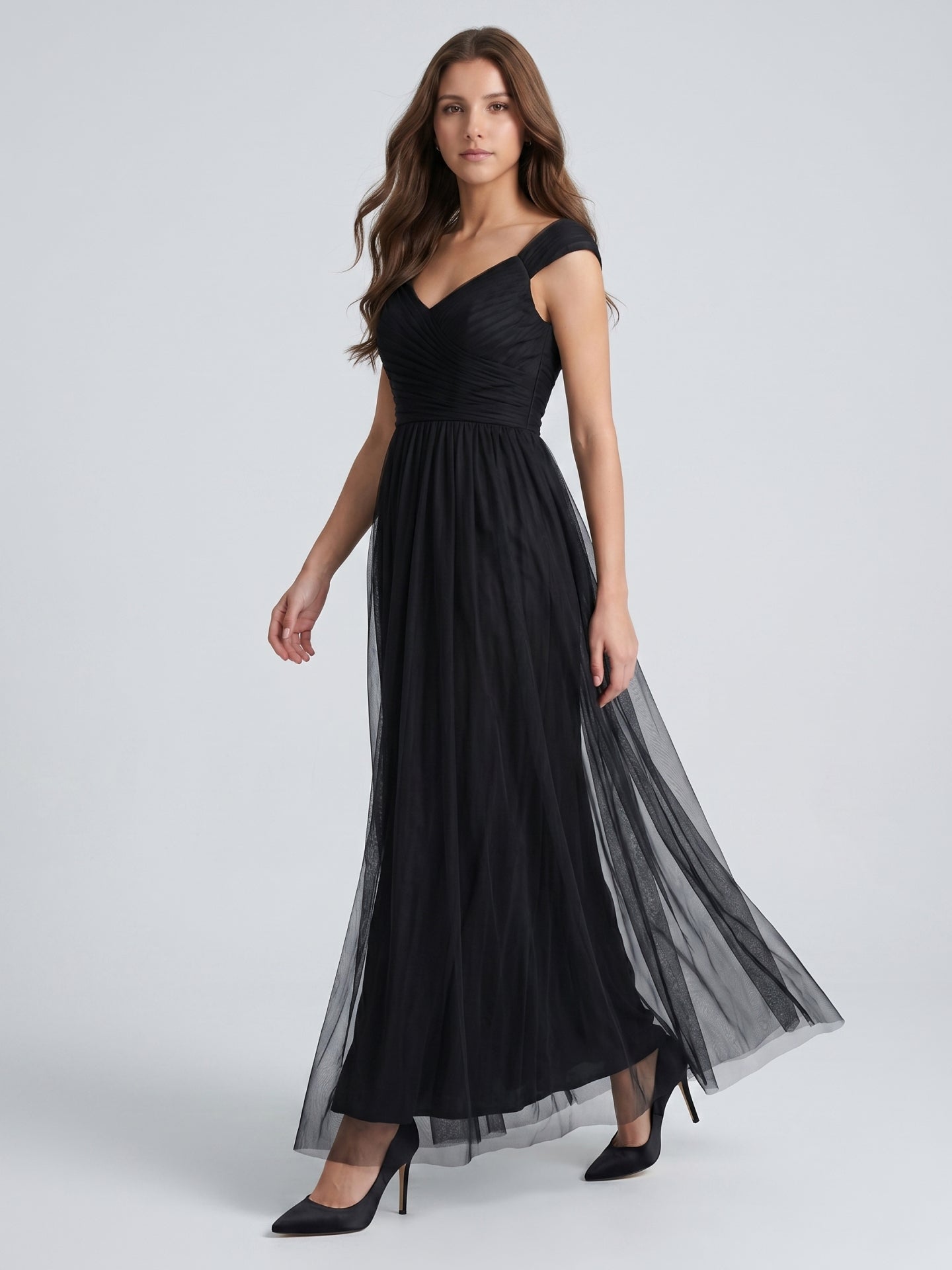 Black Tulle A-Line V-Neck Backless Floor-Length Pleated Bridesmaid Dress - Curvevia