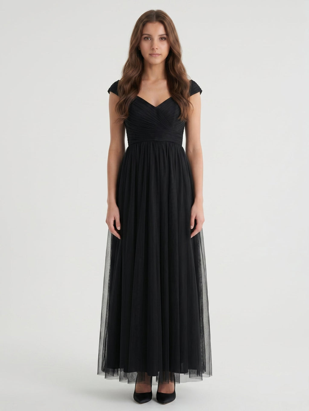Black Tulle A-Line V-Neck Backless Floor-Length Pleated Bridesmaid Dress - Curvevia