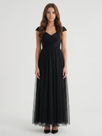 Black Tulle A-Line V-Neck Backless Floor-Length Pleated Bridesmaid Dress - Curvevia