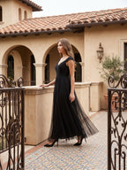 Black Tulle A-Line V-Neck Backless Floor-Length Pleated Bridesmaid Dress - Curvevia