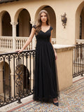 Black Tulle A-Line V-Neck Backless Floor-Length Pleated Bridesmaid Dress - Curvevia