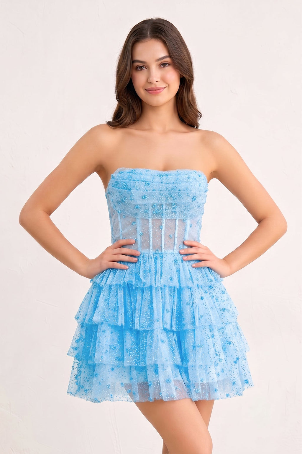 A-Line Strapless Scoop Tiered Sleeveless Short Homecoming Dress - Curvevia