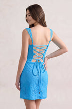 Sky Blue Scoop Neck Sheath Lace Short Homecoming Dress With Slit - Curvevia