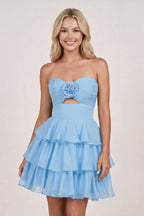 Fuchsia Strapless A Line Chiffon Ruffles Wedding Guest Dress With Flower - Curvevia