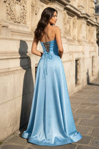 A Line Black Strapless Satin Evening Dress With Slit - Curvevia
