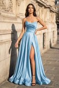A Line Black Strapless Satin Evening Dress With Slit - Curvevia