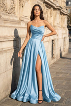 A Line Black Strapless Satin Evening Dress With Slit - Curvevia