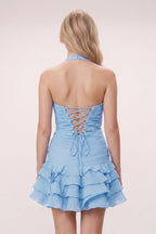 Brown Organza Halter A-Line Pleated Ruffled Wedding Guest Dress - Curvevia