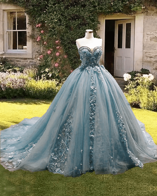 Dusty Blue Sweetheart Ball Gown Quinceanera Dress With 3D Flowers - Curvevia