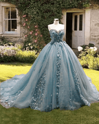 Dusty Blue Sweetheart Ball Gown Quinceanera Dress With 3D Flowers - Curvevia
