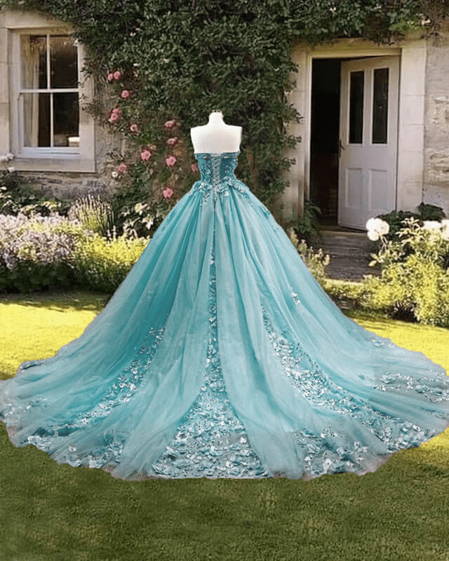 Dusty Blue Sweetheart Ball Gown Quinceanera Dress With 3D Flowers - Curvevia