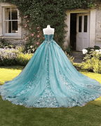 Dusty Blue Sweetheart Ball Gown Quinceanera Dress With 3D Flowers - Curvevia
