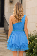 One-Shoulder Beaded Ruffle Wedding Guest Dress in Blue - Curvevia