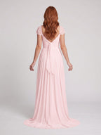 Blushing Pink Chiffon A-Line Square Neck Backless Floor-Length Prom Dress - Curvevia
