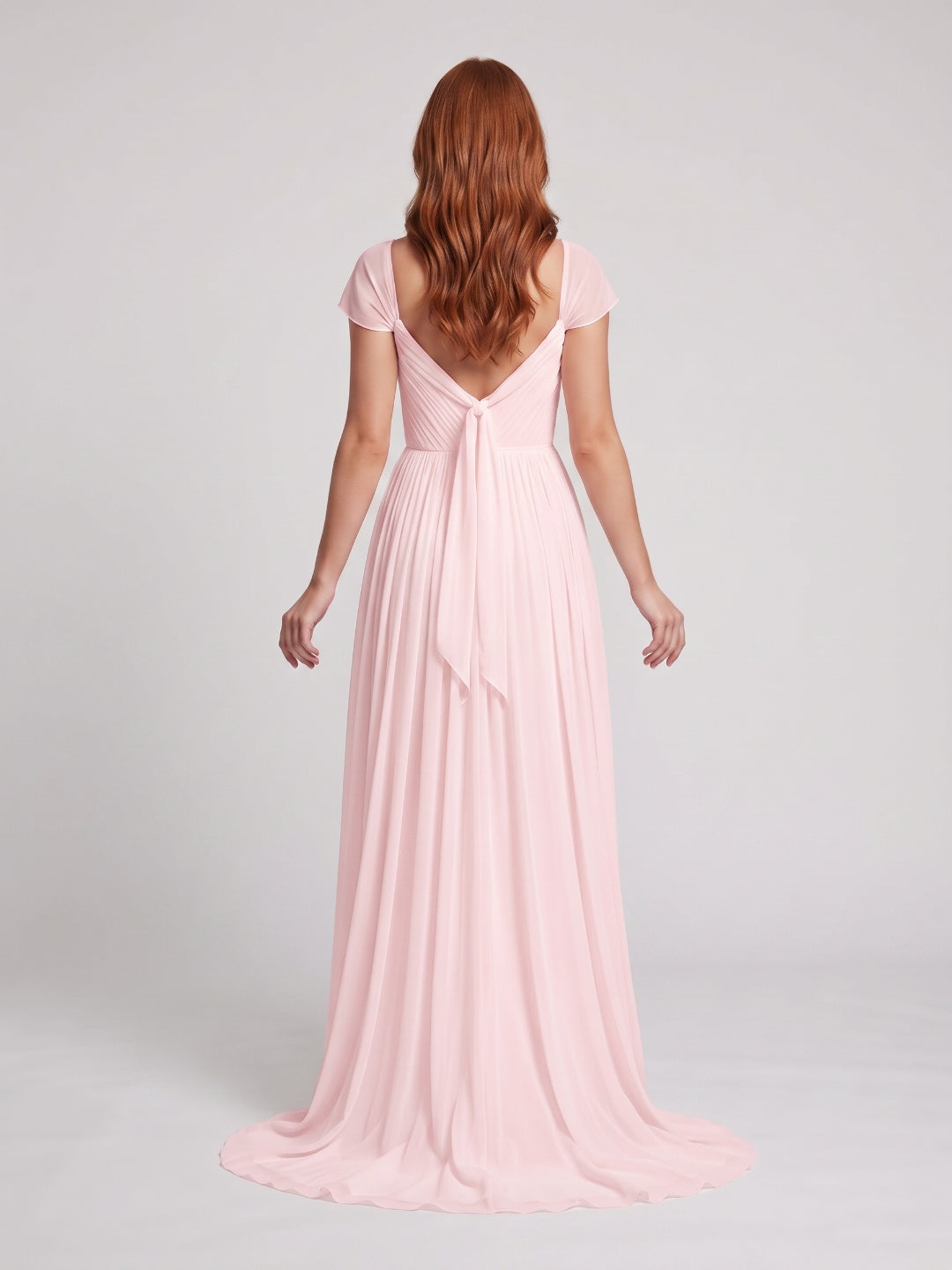 Blushing Pink Chiffon A-Line Square Neck Backless Floor-Length Prom Dress - Curvevia