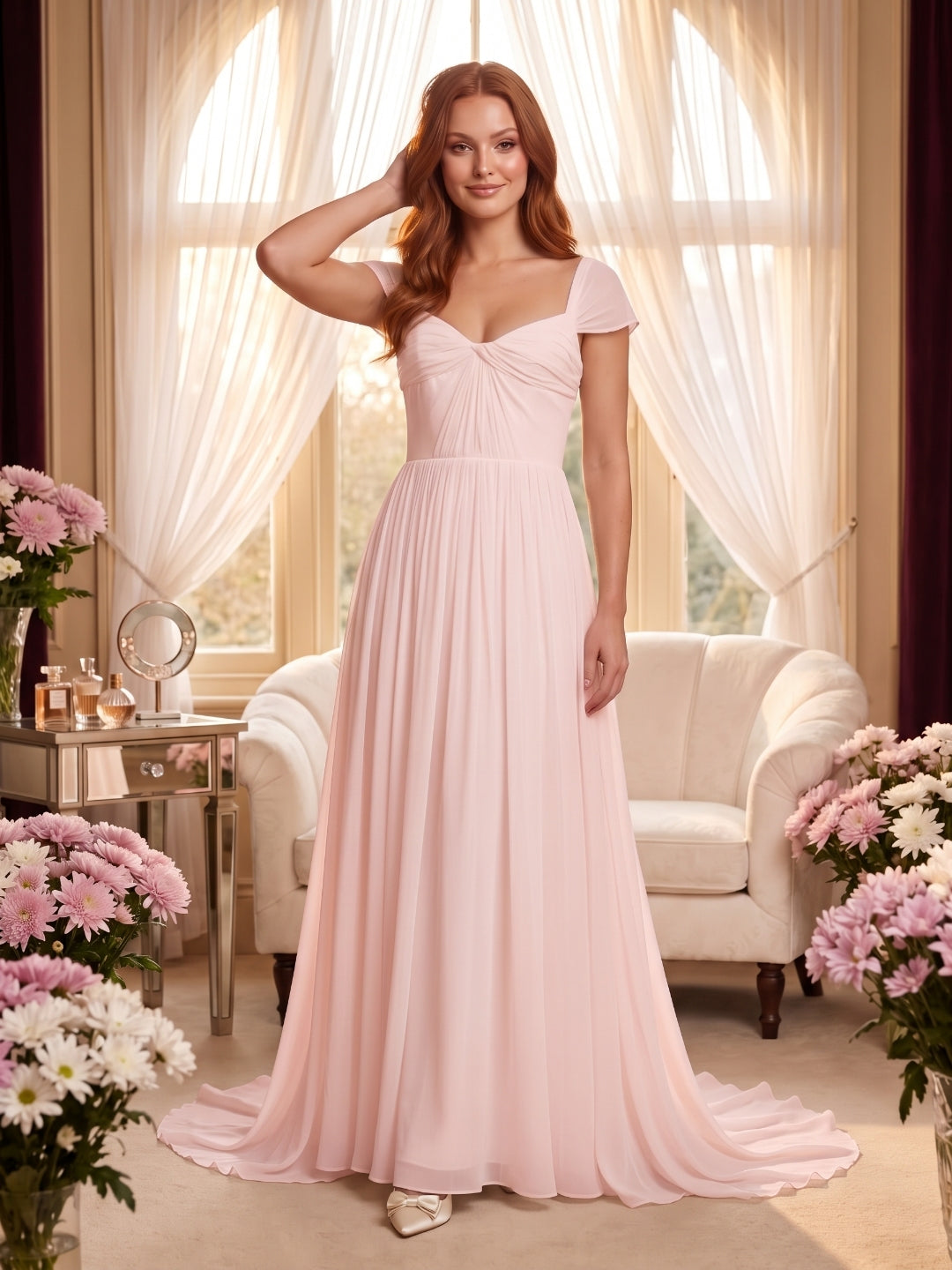 Blushing Pink Chiffon A-Line Square Neck Backless Floor-Length Prom Dress - Curvevia
