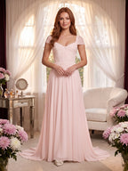 Blushing Pink Chiffon A-Line Square Neck Backless Floor-Length Prom Dress - Curvevia