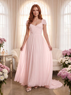 Blushing Pink Chiffon A-Line Square Neck Backless Floor-Length Prom Dress - Curvevia