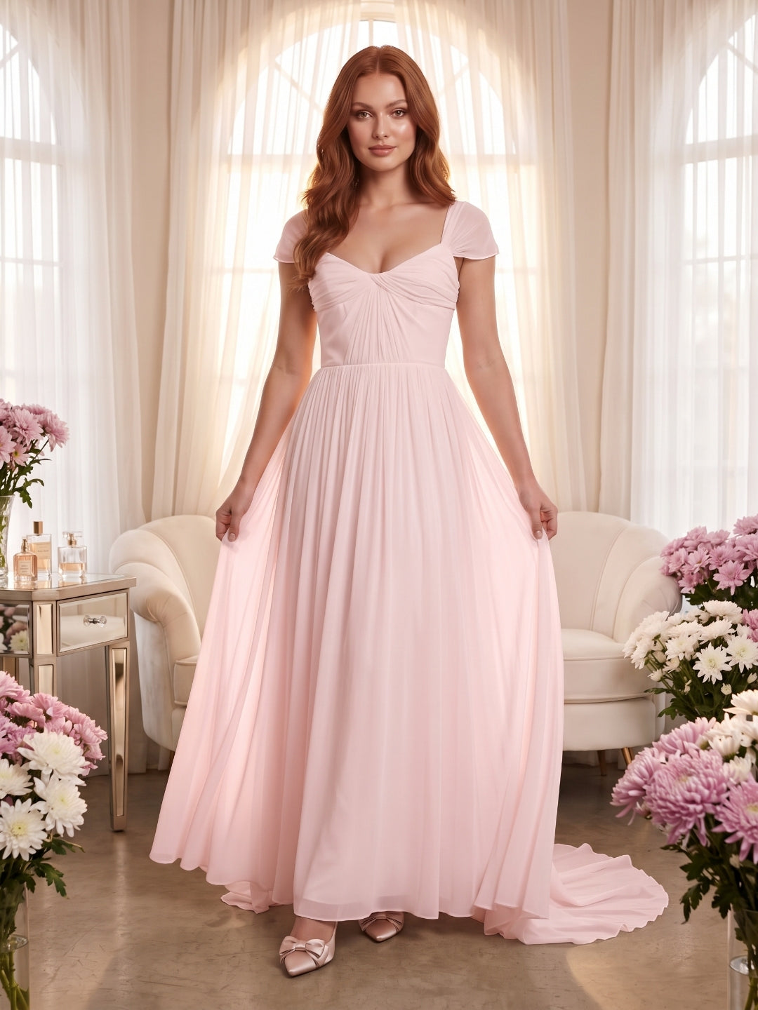 Blushing Pink Chiffon A-Line Square Neck Backless Floor-Length Prom Dress - Curvevia