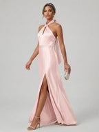 Elegant Blushing Pink Satin A-Line Halter neckline Backless Ankle-Length Plus Size Bridesmaid Dress - Curvevia