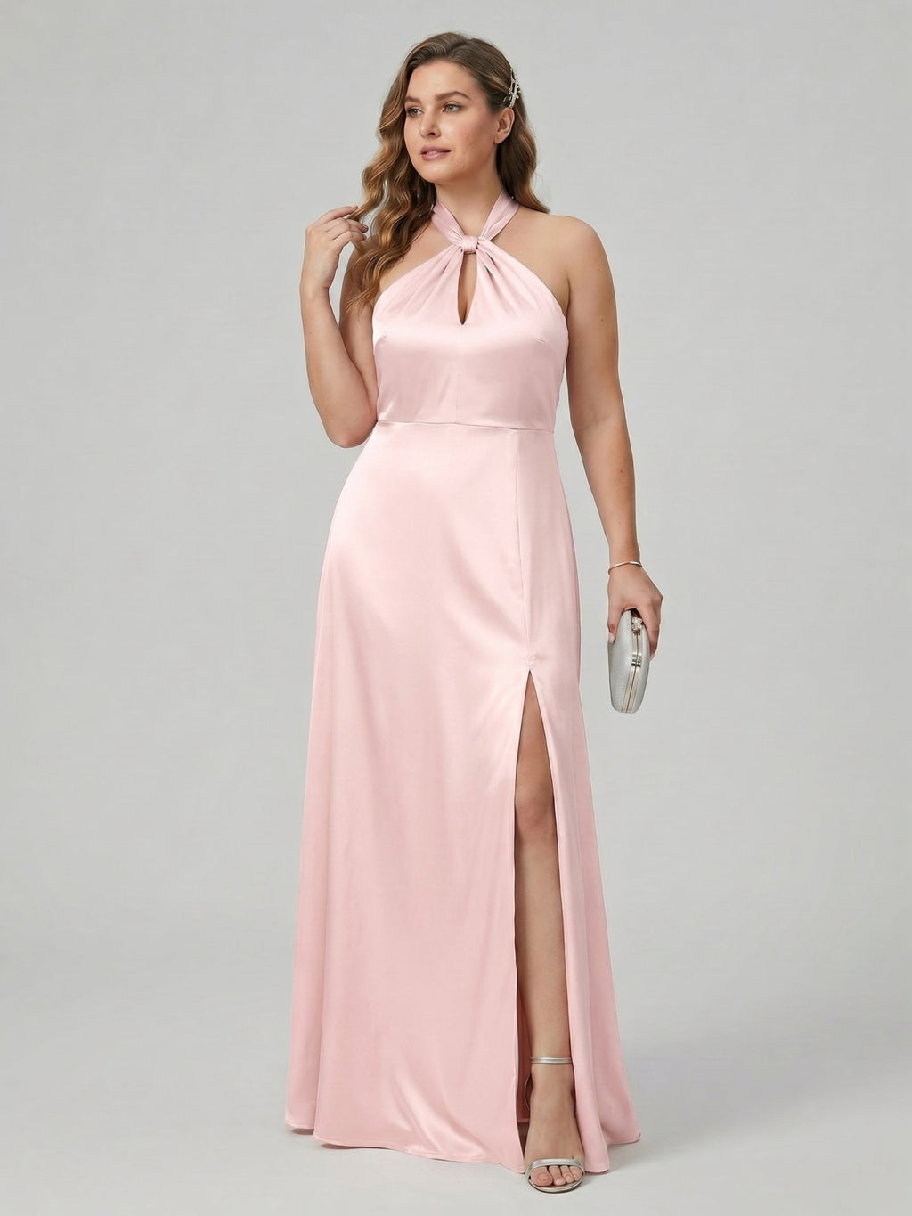 Elegant Blushing Pink Satin A-Line Halter neckline Backless Ankle-Length Plus Size Bridesmaid Dress - Curvevia