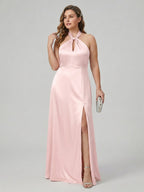 Elegant Blushing Pink Satin A-Line Halter neckline Backless Ankle-Length Plus Size Bridesmaid Dress - Curvevia