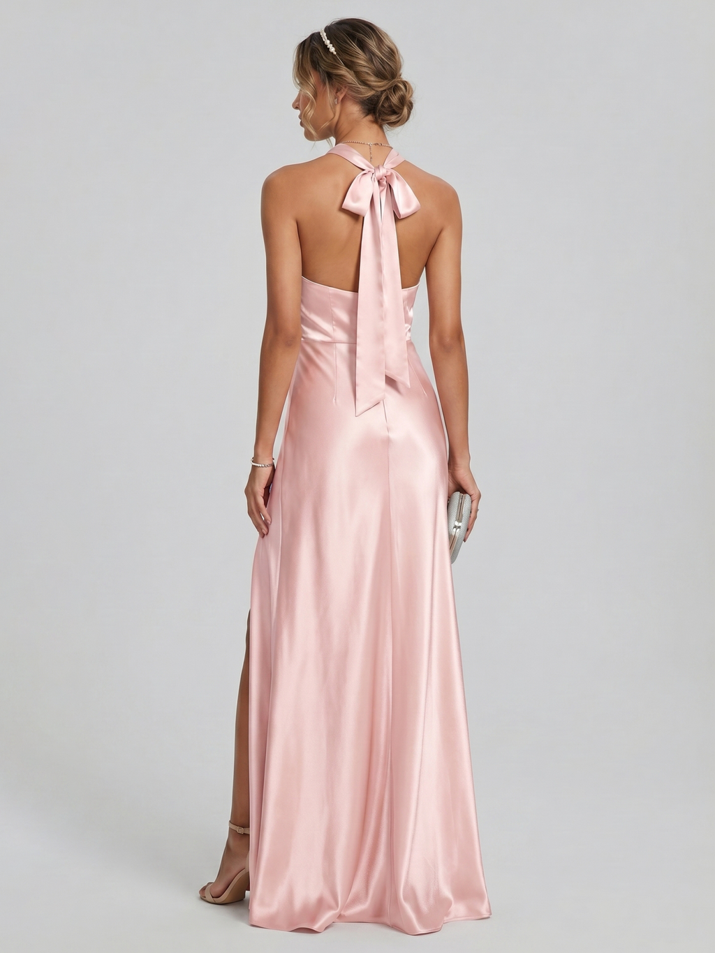 Elegant Blushing Pink Satin A-Line Halter neckline Backless Ankle-Length Plus Size Bridesmaid Dress - Curvevia