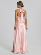 Elegant Blushing Pink Satin A-Line Halter neckline Backless Ankle-Length Plus Size Bridesmaid Dress - Curvevia