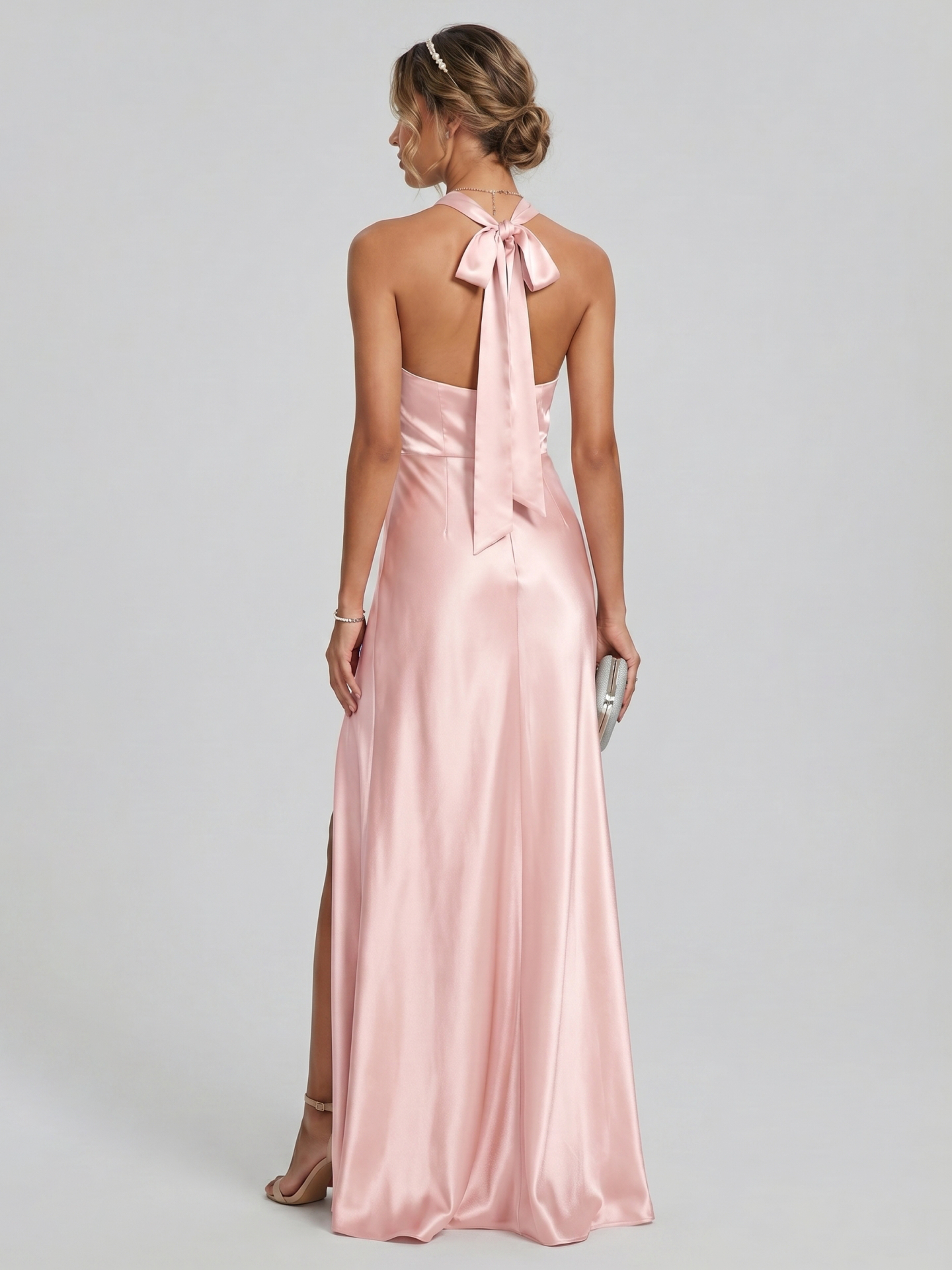 Elegant Blushing Pink Satin A-Line Halter neckline Backless Ankle-Length Plus Size Bridesmaid Dress - Curvevia