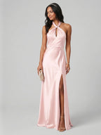 Elegant Blushing Pink Satin A-Line Halter neckline Backless Ankle-Length Plus Size Bridesmaid Dress - Curvevia