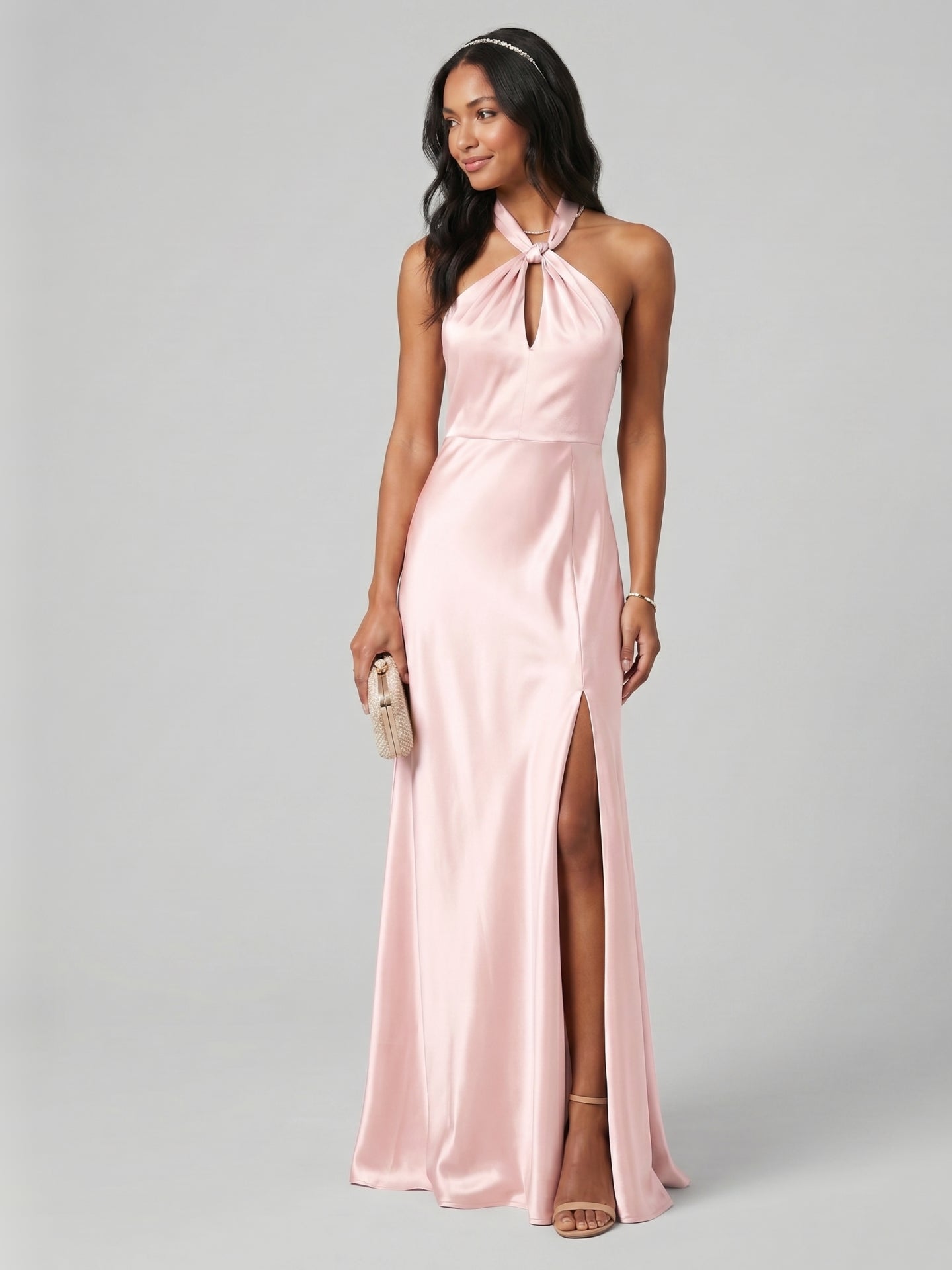Elegant Blushing Pink Satin A-Line Halter neckline Backless Ankle-Length Plus Size Bridesmaid Dress - Curvevia