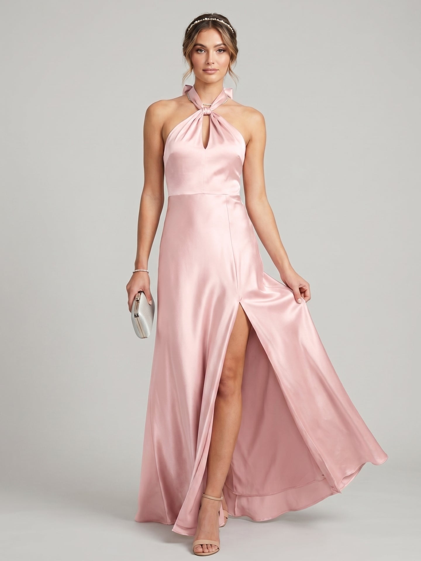 Elegant Blushing Pink Satin A-Line Halter neckline Backless Ankle-Length Plus Size Bridesmaid Dress - Curvevia