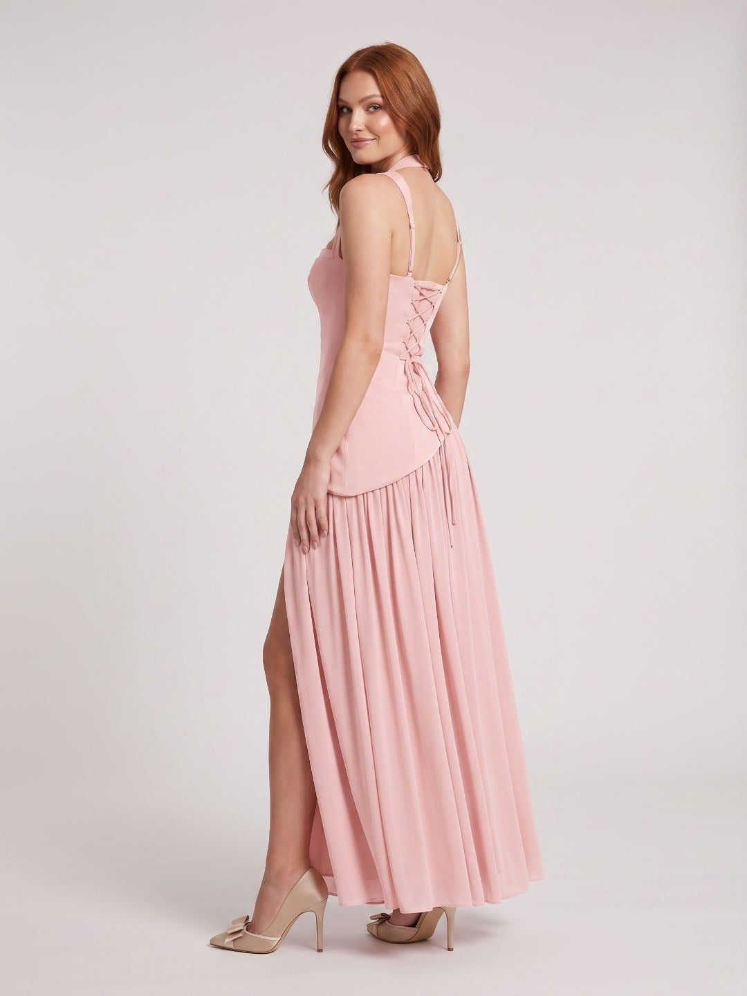 Blushing Pink Chiffon A-Line Square Neck Lace-up Floor-Length Dress - Curvevia