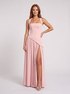 Blushing Pink Chiffon A-Line Square Neck Lace-up Floor-Length Dress - Curvevia