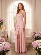 Blushing Pink Chiffon A-Line Square Neck Lace-up Floor-Length Dress - Curvevia