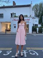 Blushing Pink Chiffon A-Line Sweetheart Back Zip Midi Dress with Pleating - Curvevia